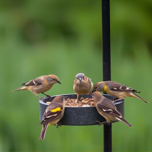 Wild birds eating from ground feeder