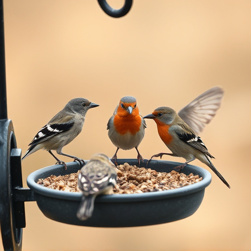 Wild birds eating from ground feeder