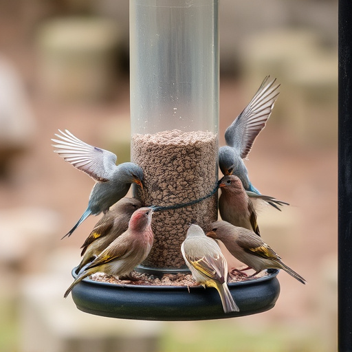 Wild birds eating from ground feeder