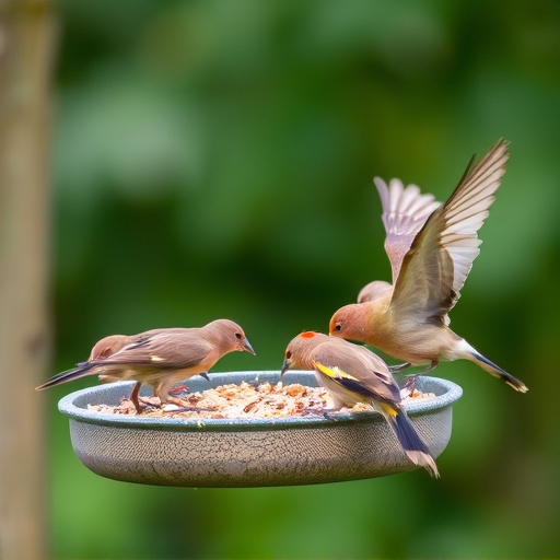 Wild birds eating from ground feeder