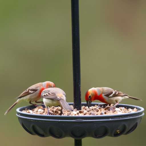Wild birds eating from ground feeder
