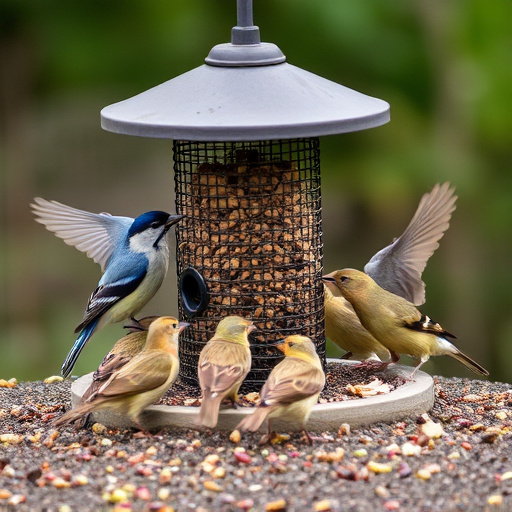 Wild birds eating from ground feeder