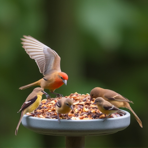 Wild birds eating from ground feeder