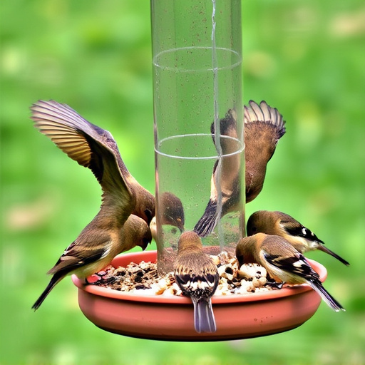 Wild birds eating from ground feeder