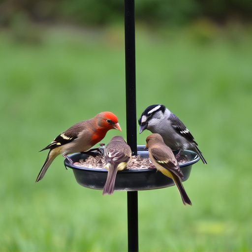 Wild birds eating from ground feeder
