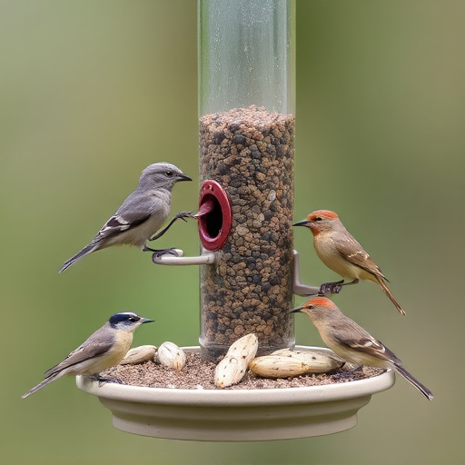 Wild birds eating from ground feeder
