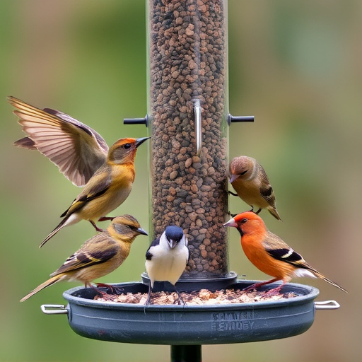 Wild birds eating from ground feeder