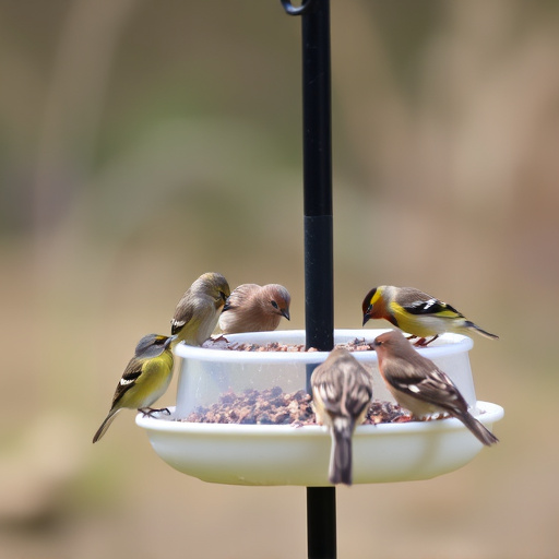 Wild birds eating from ground feeder