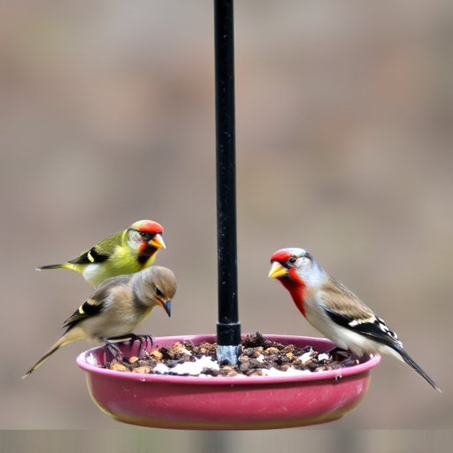 Wild birds eating from ground feeder