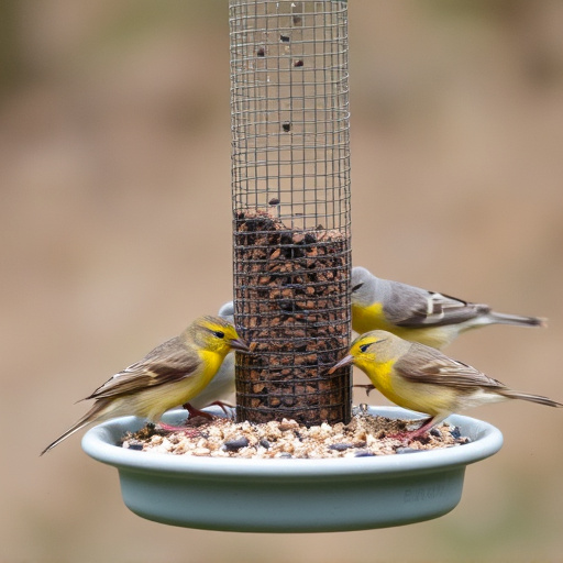 Wild birds eating from ground feeder