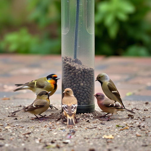 Wild birds eating from ground feeder