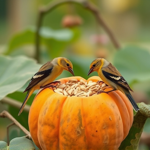 Wild birds eating pumpkin seeds
