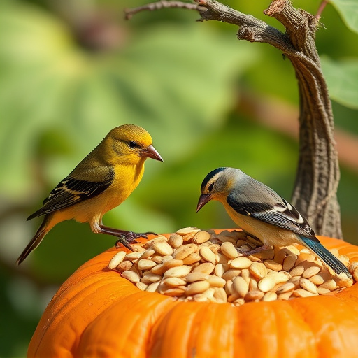 Wild birds eating pumpkin seeds