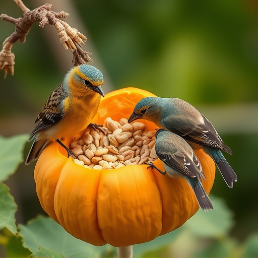 Wild birds eating pumpkin seeds