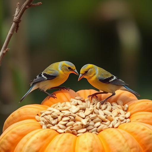 Wild birds eating pumpkin seeds