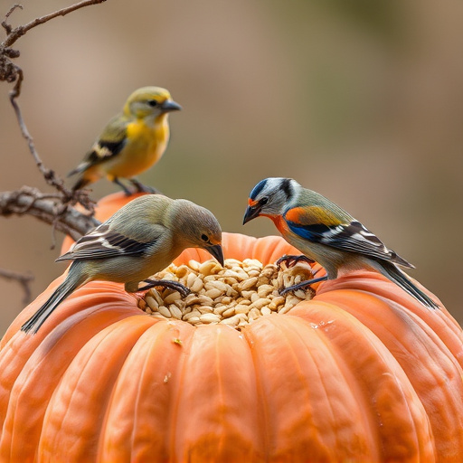 Wild birds eating pumpkin seeds