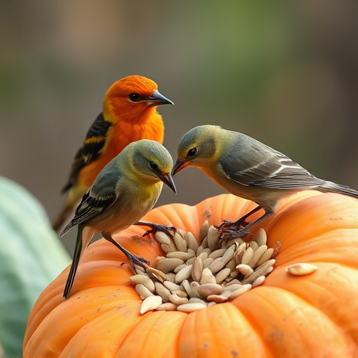 Wild birds eating pumpkin seeds