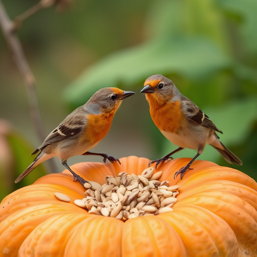 Wild birds eating pumpkin seeds
