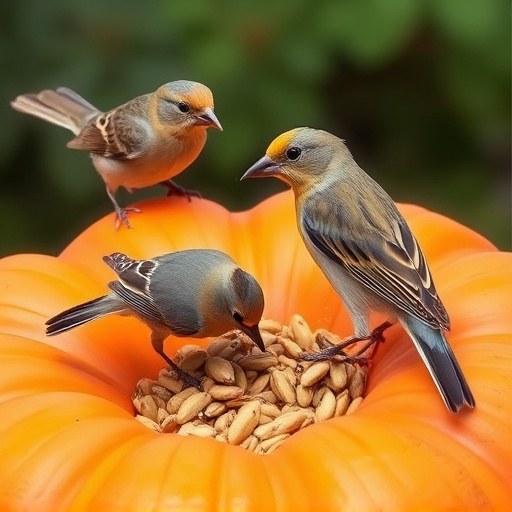 Wild birds eating pumpkin seeds