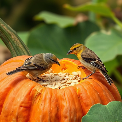 Wild birds eating pumpkin seeds
