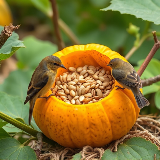 Wild birds eating pumpkin seeds