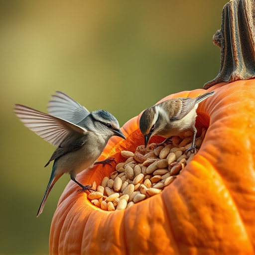 Wild birds eating pumpkin seeds