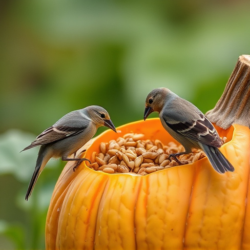 Wild birds eating pumpkin seeds