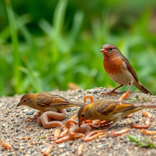 Wild birds enjoying mealworms outdoors