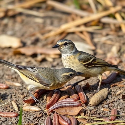 Wild birds enjoying mealworms outdoors