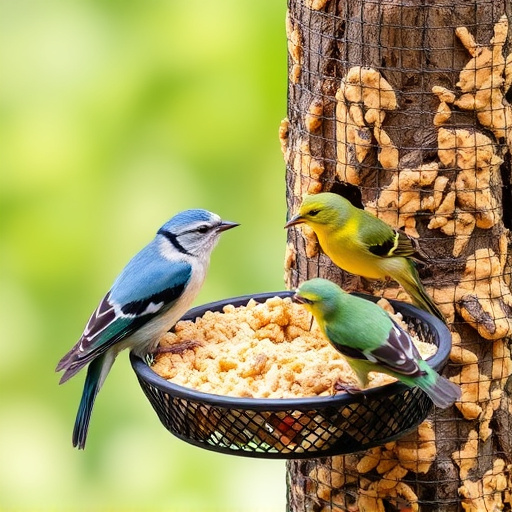 Wild birds enjoying protein-rich suet mix