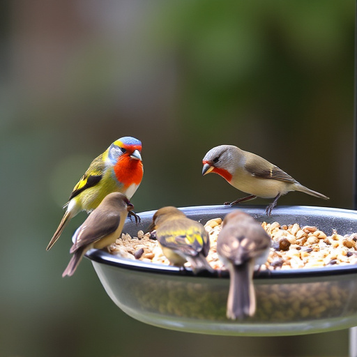 Wild birds feeding from seed tray