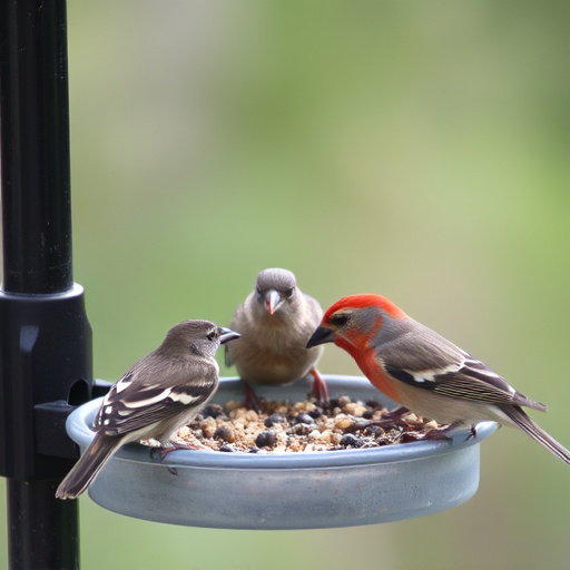 Wild birds feeding from seed tray