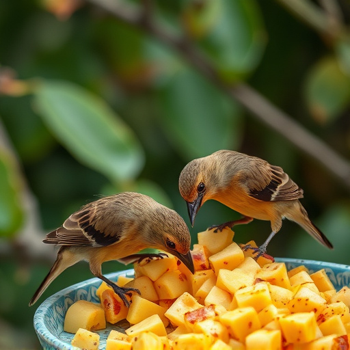 Wild birds feeding on chopped fruit