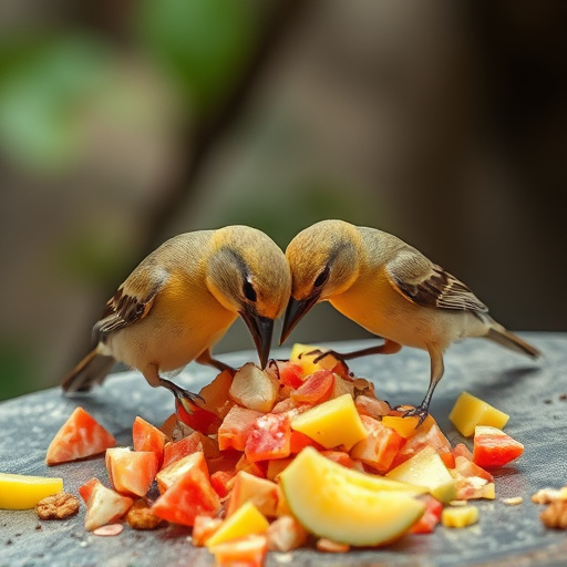 Wild birds feeding on chopped fruit