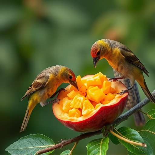 Wild birds feeding on chopped fruit