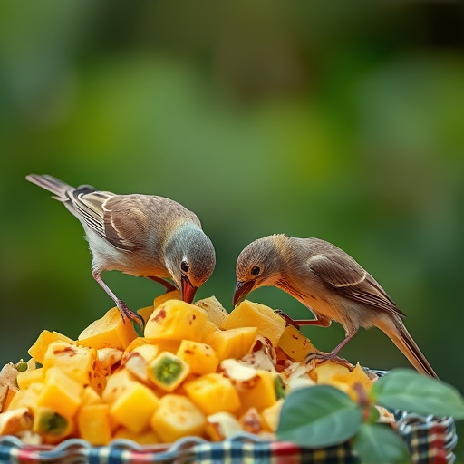 Wild birds feeding on chopped fruit
