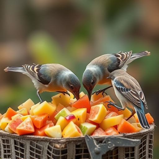 Wild birds feeding on chopped fruit