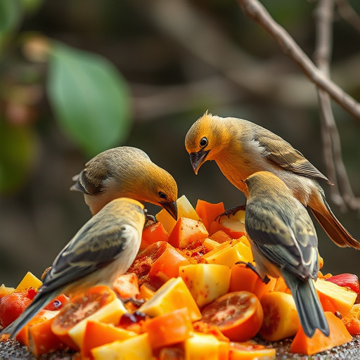 Wild birds feeding on chopped fruit
