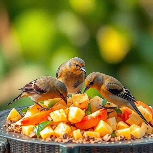 Wild birds feeding on chopped fruit