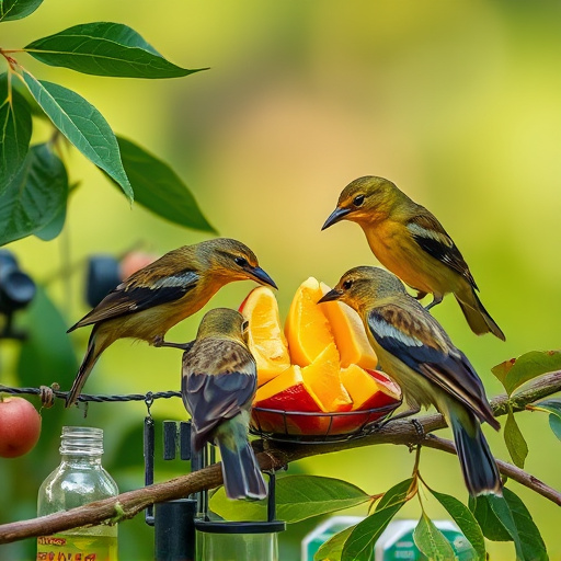 Wild birds feeding on chopped fruit