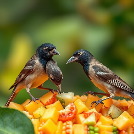 Wild birds feeding on chopped fruit
