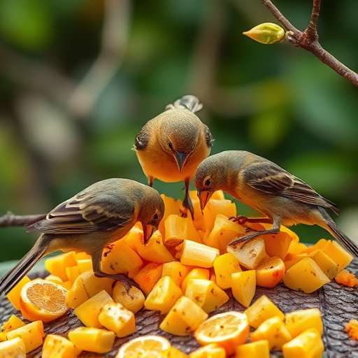 Wild birds feeding on chopped fruit