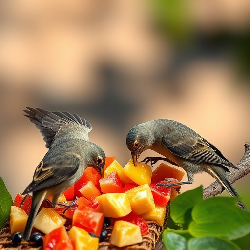 Wild birds feeding on chopped fruit
