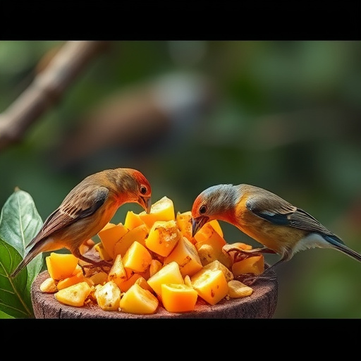 Wild birds feeding on chopped fruit