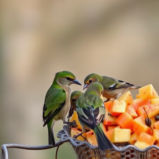 Wild birds feeding on chopped fruit
