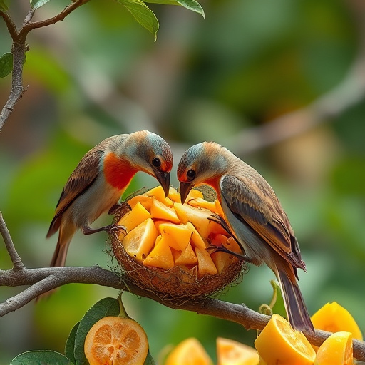 Wild birds feeding on chopped fruit