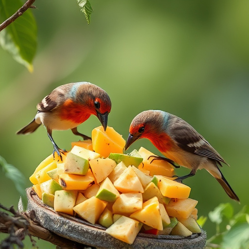 Wild birds feeding on chopped fruit