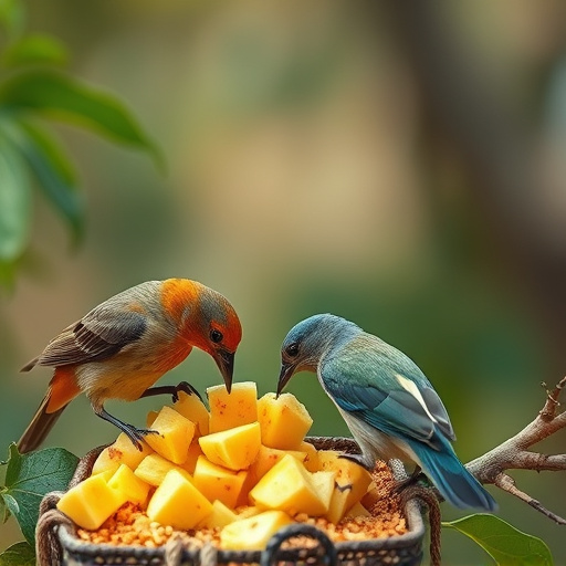 Wild birds feeding on chopped fruit
