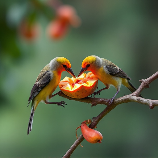 Wild birds feeding on chopped fruit