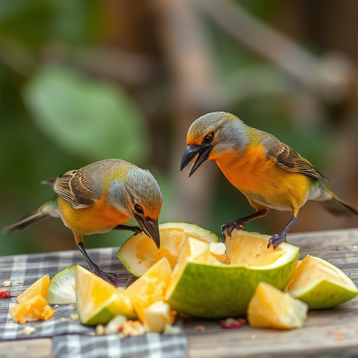 Wild birds feeding on chopped fruit